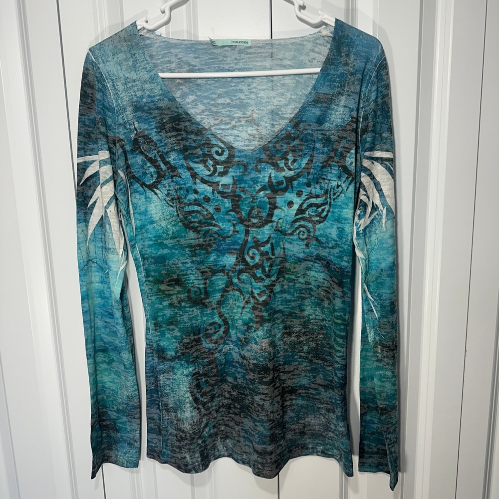 Tribal Burnout Graphic Tee Medium Blue Whimsigoth Fairy V-Neck Long Sleeve Top